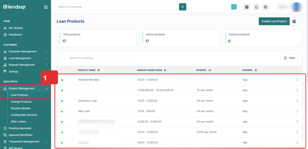 Loan products page displaying multiple loan products on the admin console