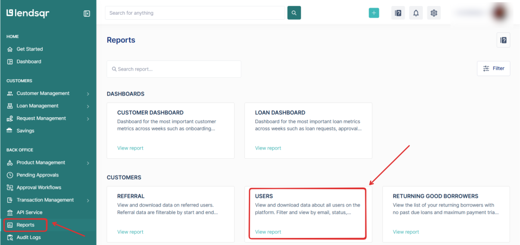 How do I download user report or data from Lendsqr?