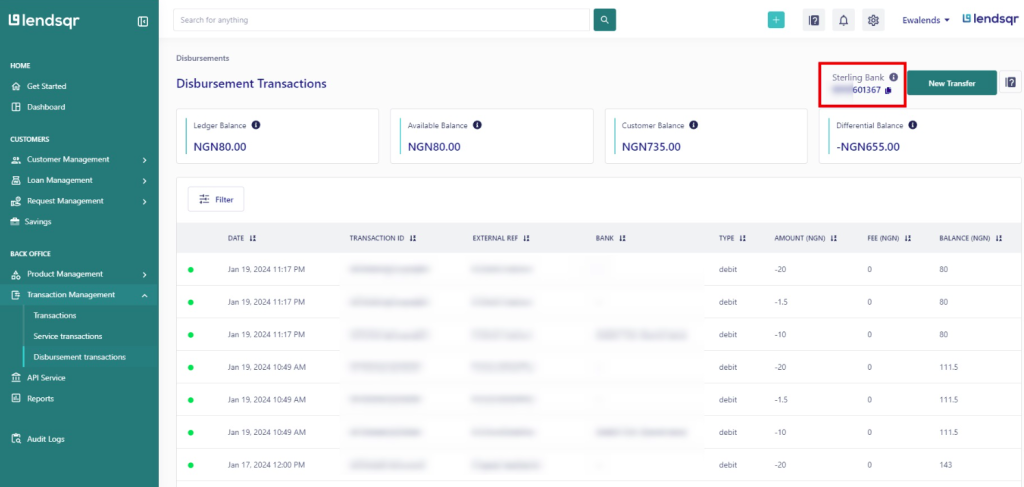 Disbursement account, settlements and transactions on pecunia