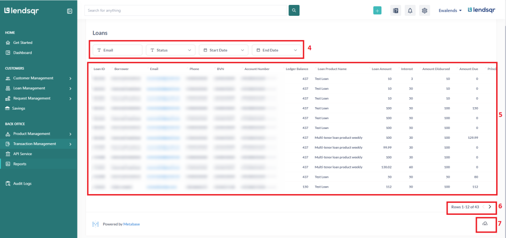 Sample Loans report displaying the options to filter, navigate and download a report.