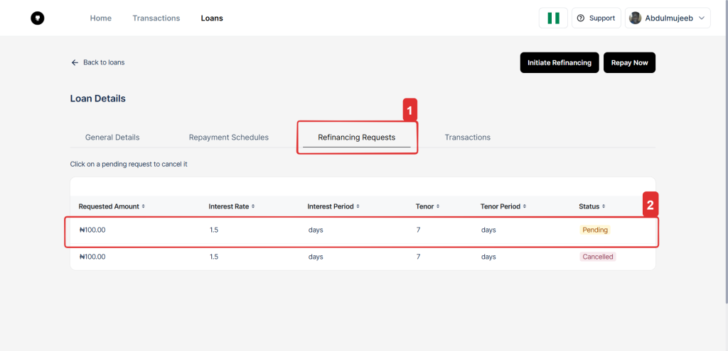 Refinancing requests tab on loan details page