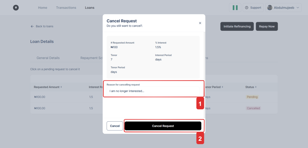 Cancel refinancing request modal