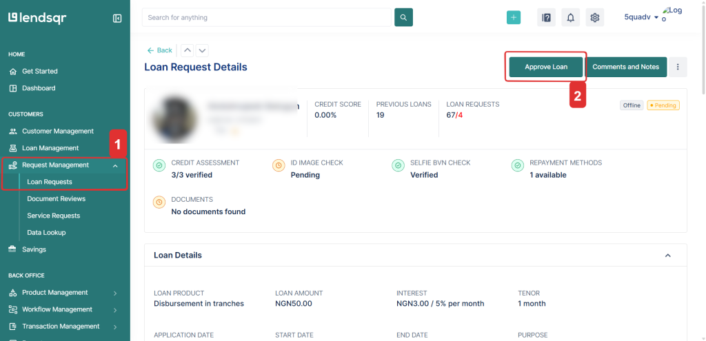Approving loan on the loan requests page