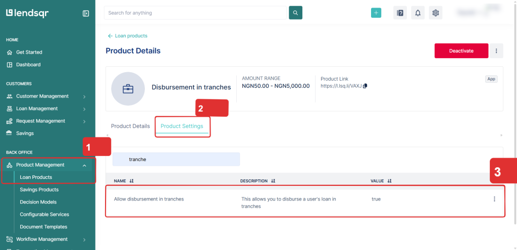 Enabling disbursement in tranches on the admin console