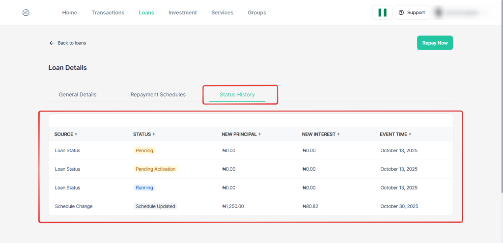 Loan status history tab on customer web app showing loan progress and timestamps.