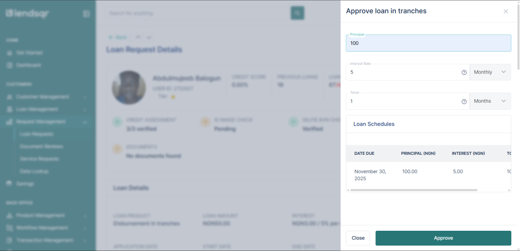 Initial tranche disbursement side drawer with input fields for principal, interest and tenor