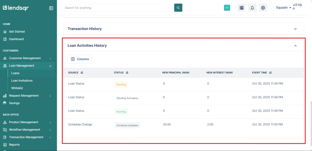 Loan activities history view on the admin console showing loan status updates with timestamps