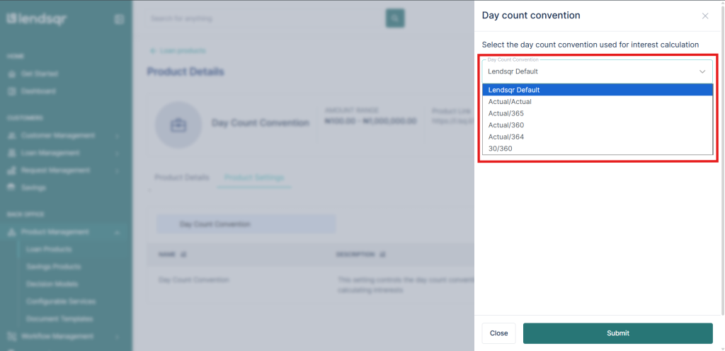 Dropdown list of the available day count conventions