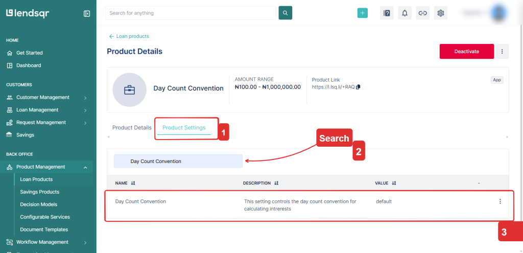 'Day Count Convention' highlighted on the product settings page