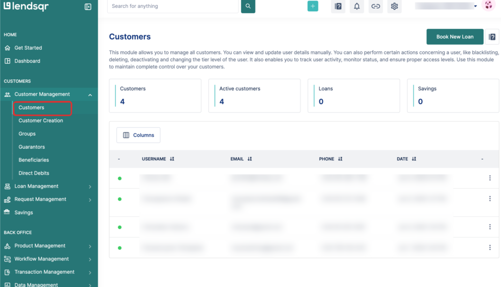 Screenshot of the Lendsqr admin console highlighting the Customer Management menu option