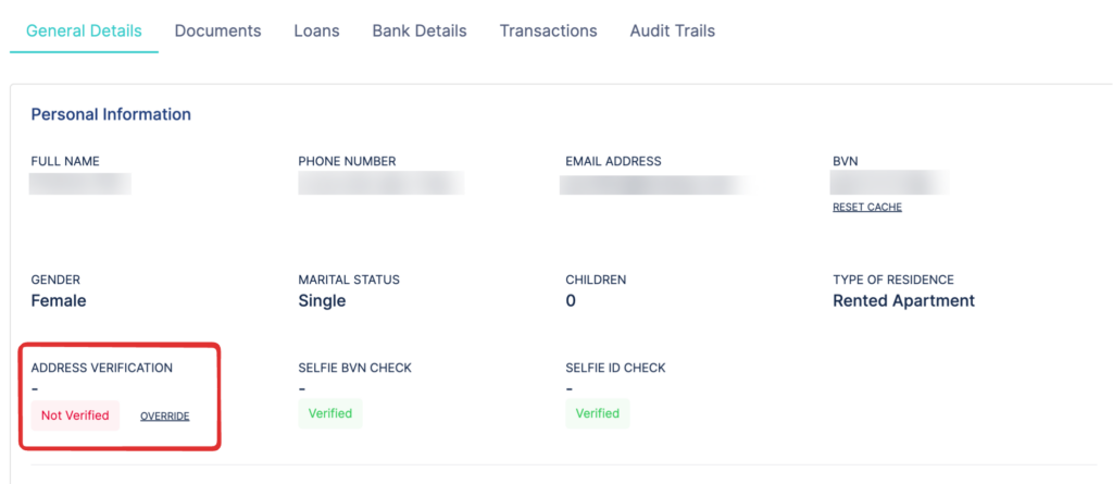 Screenshot of a customer's General Details tab showing the Address Verification field with a "Not Verified" status and an "OVERRIDE" button
