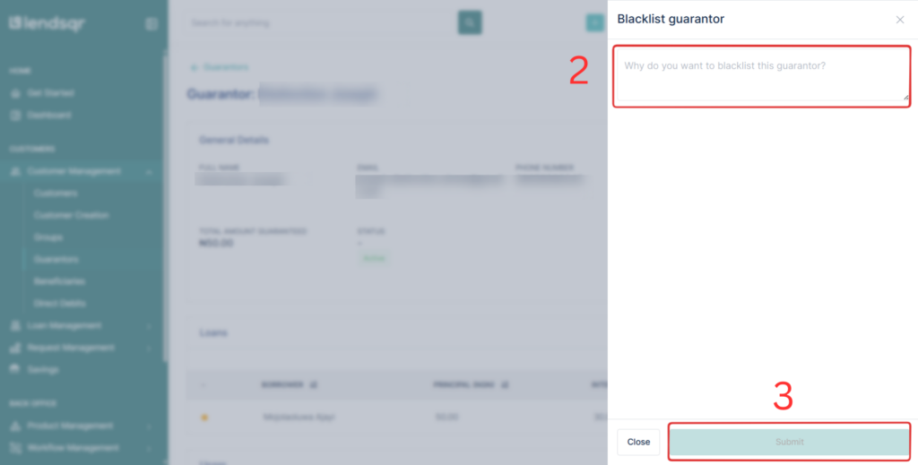 Image showing the confirmation for blacklisting a guarantor
