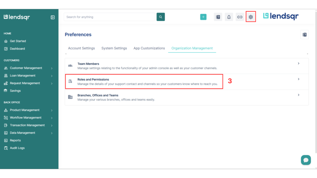 Lendsqr admin console settings page showing the Roles and Permissions menu item
