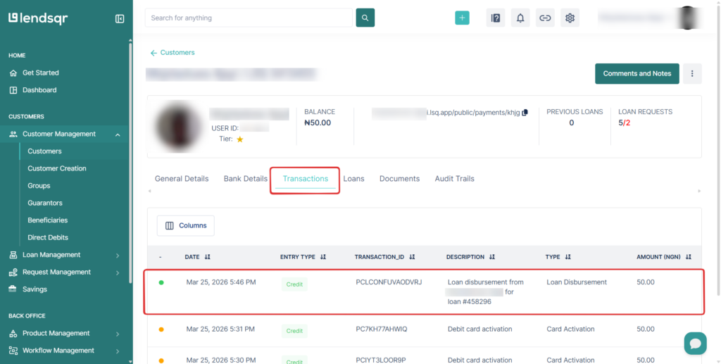 Lendsqr admin console showing the Transactions tab on a customer profile page with a list of transactions