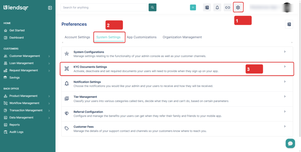 Lendsqr admin console showing the navigation steps to get to the Documents settings page.
