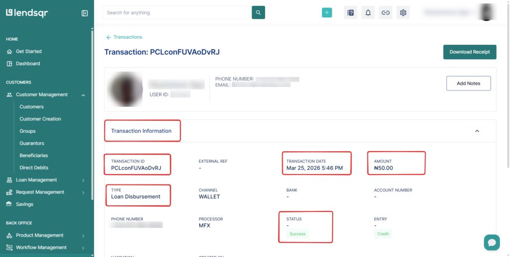 Lendsqr transactions panel showing Transaction Information details'
