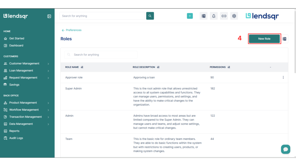 Roles and permissions menu showing the "New Role" button