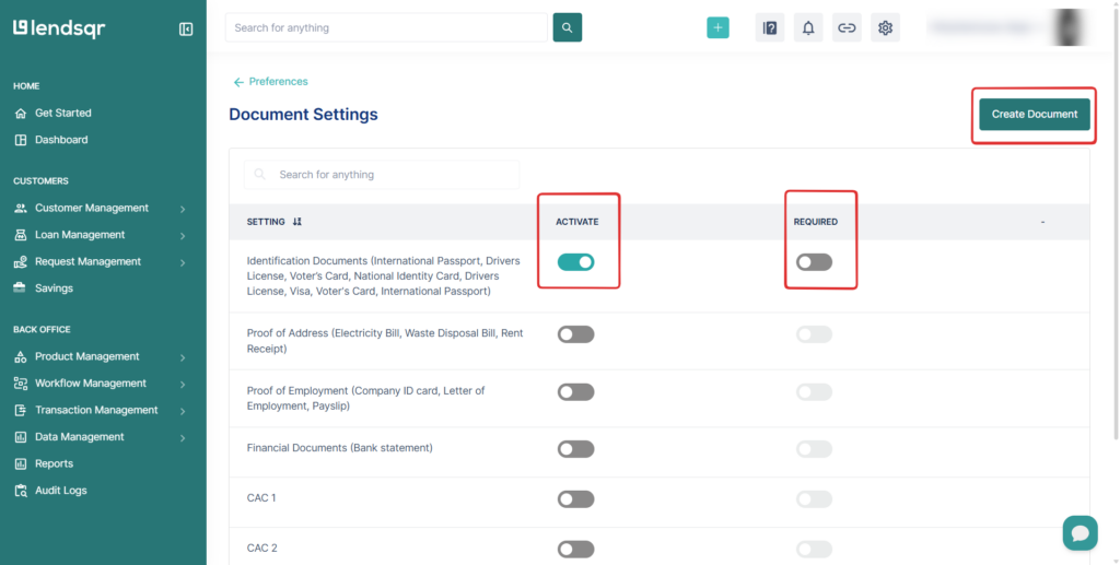Lendsqr admin console document settings page showing the activate and required toggle switches for each document type