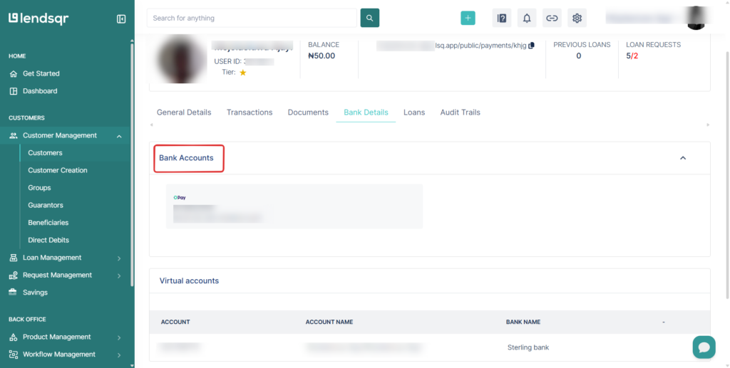 Lendsqr admin console Bank Details tab showing a customer's linked bank account information