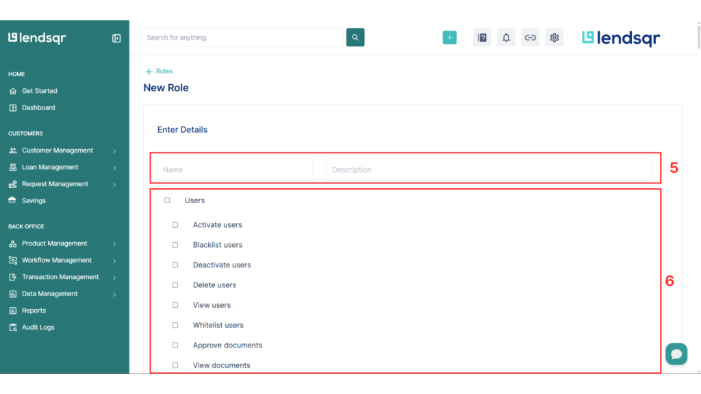 New role creation form with role name and description fields and permission checkboxes