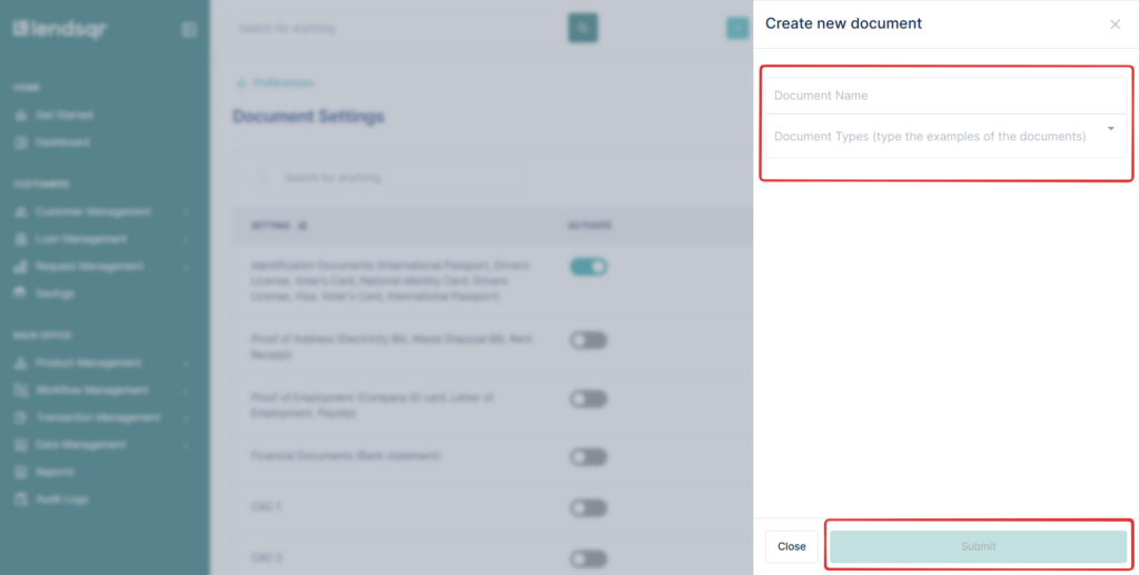 Lendsqr admin console showing the create document modal with fields for document name and document type