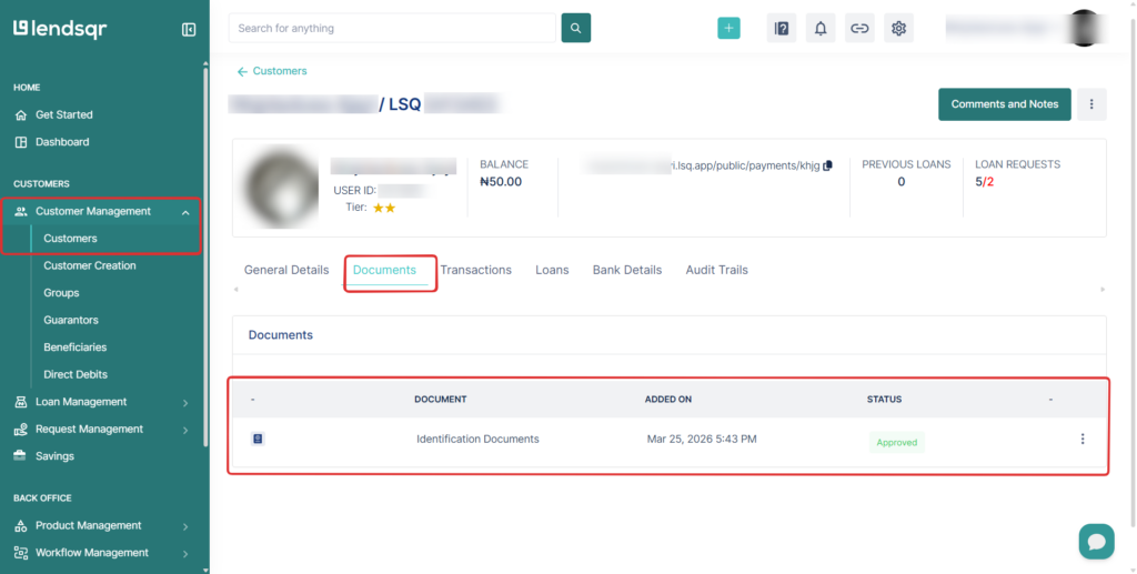 Lendsqr admin console Documents tab showing an approved KYC document on a borrower profile page