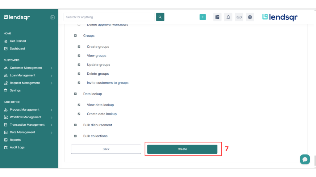 Roles and permissions menu showing the "Create" button