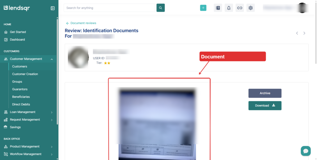 Lendsqr admin console showing an opened approved KYC document