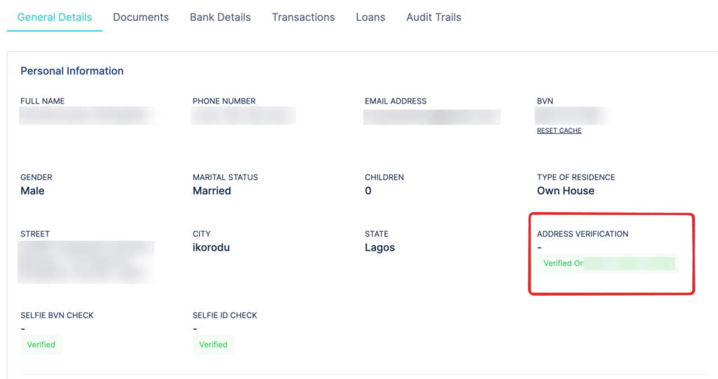 Screenshot of a customer's General Details tab showing a fully verified address in the Personal Information section