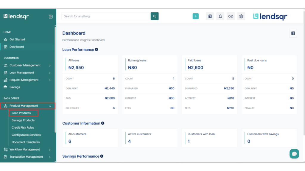 Lendsqr admin console Product Management menu with Loan Products option highlighted