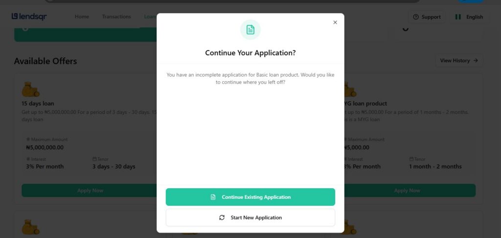 The 'Continue Your Application?' modal