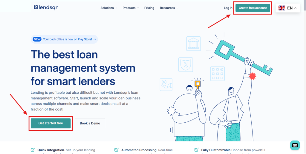Lendsqr homepage with the Create free account button highlighted in the top right corner"