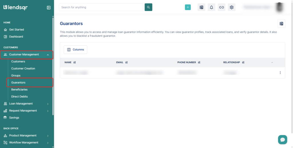 Lendsqr admin console showing the guarantors overview page 