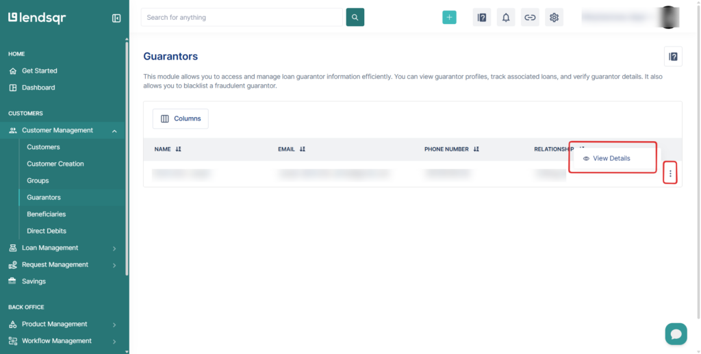 Image showing the "View Details" option for viewing guarantor details