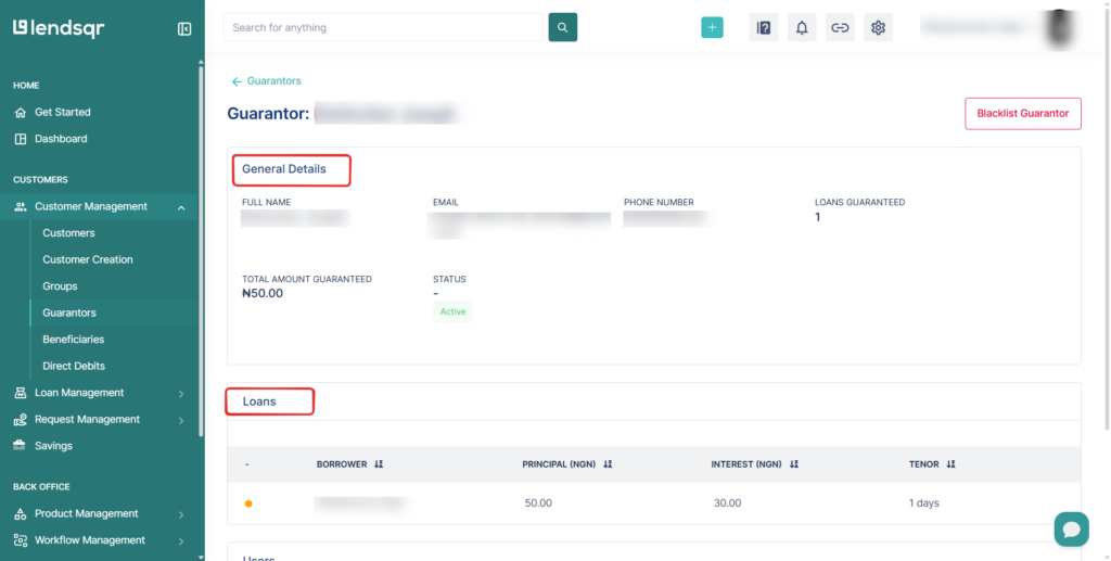 Image showing guarantor general details and loan details