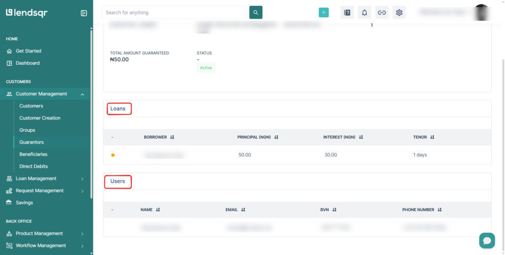 Image showing users section of the guarantor profile view page