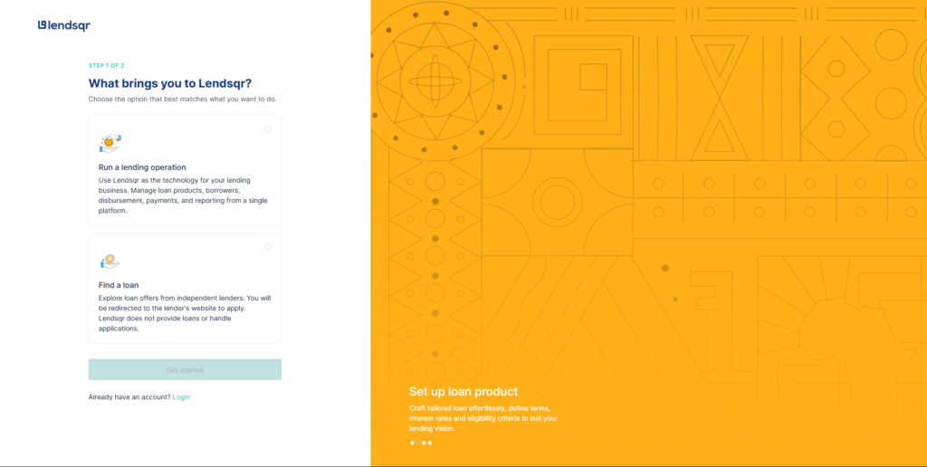 Lendsqr role selection screen showing available lender role options during sign-up