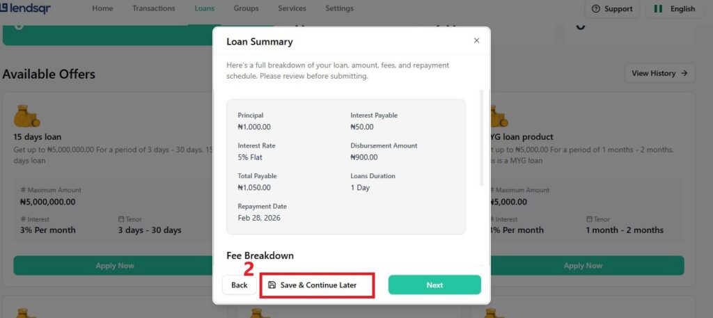 Save & Continue Later button on the web app