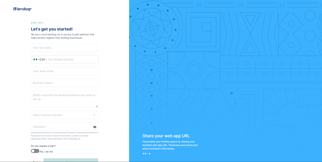 Lendsqr sign-up form showing fields for personal and business information.
