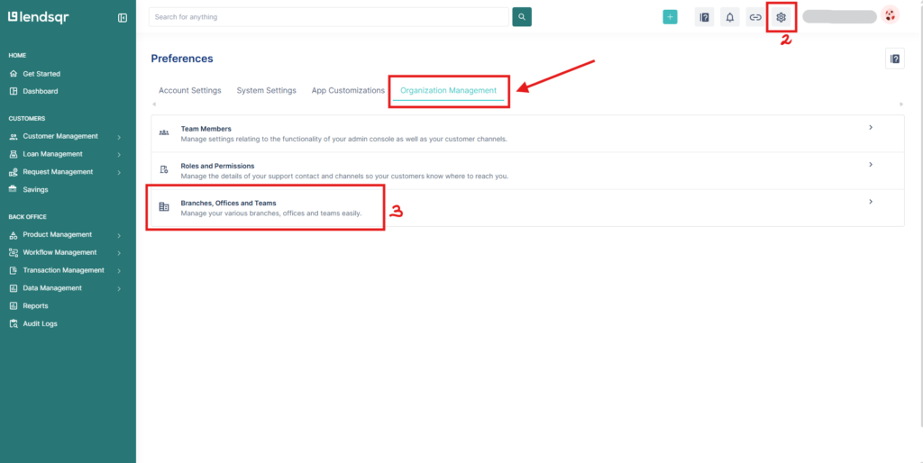 Image showing the steps to select branches, offices and teams