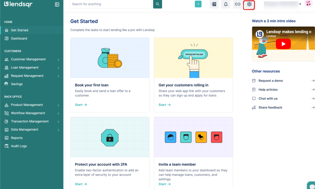 Screenshot of the Lendsqr admin console dashboard with the settings icon highlighted