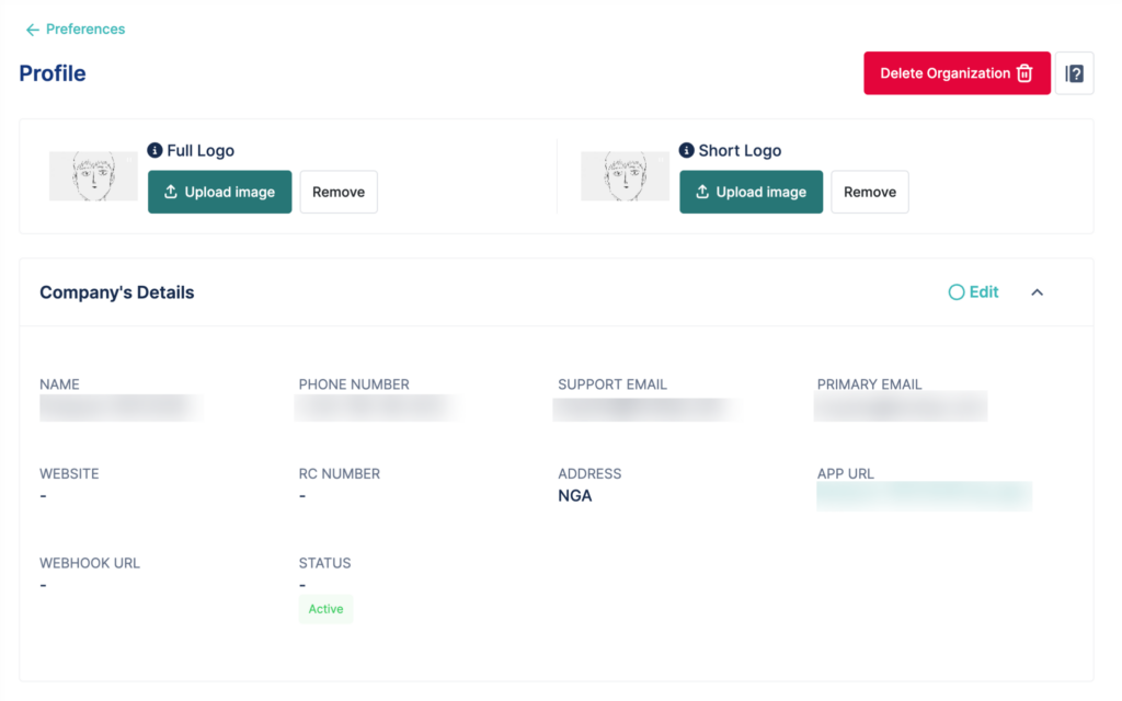 Screenshot of the Profile page where you can update company details, logos, and view the settlement account