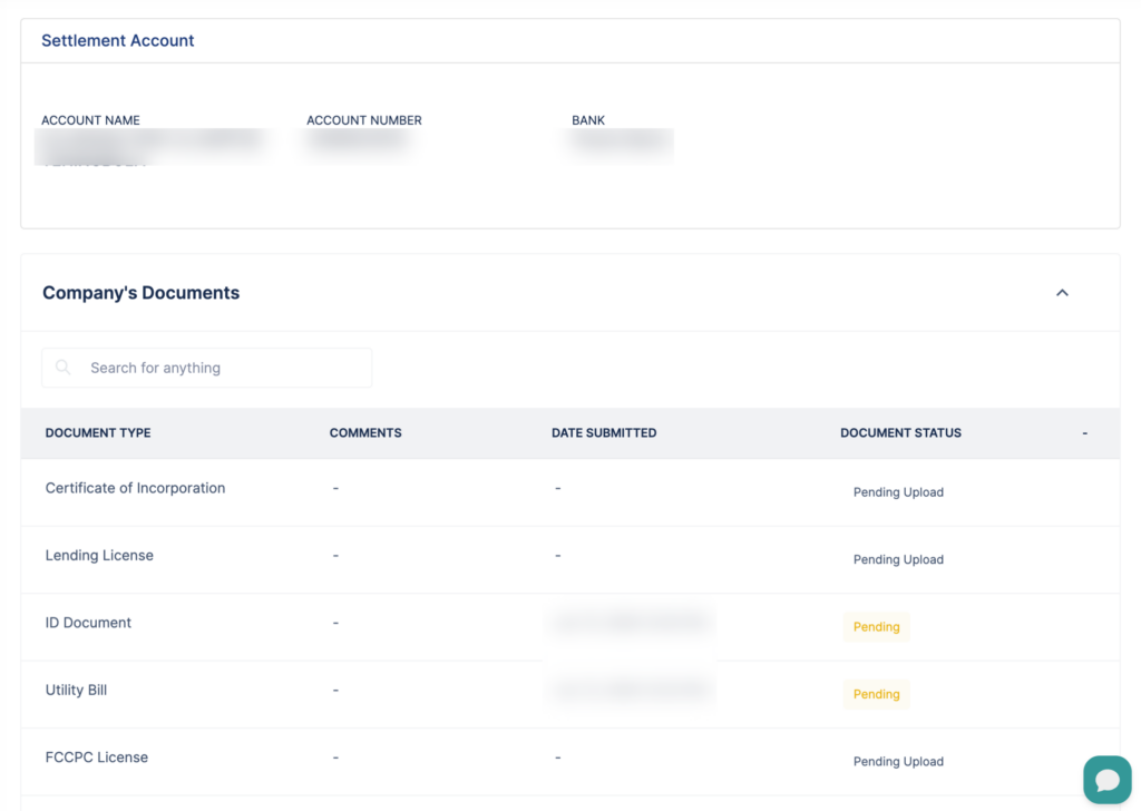 Screenshot of the Company's Documents table showing document types and their current statuses