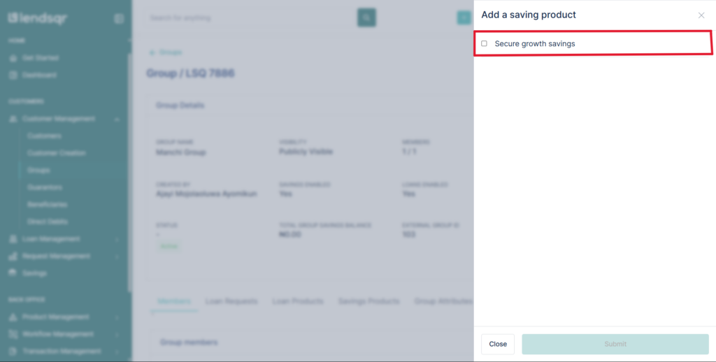 Lendsqr group details page showing the savings product selection panel on the right side with available products listed