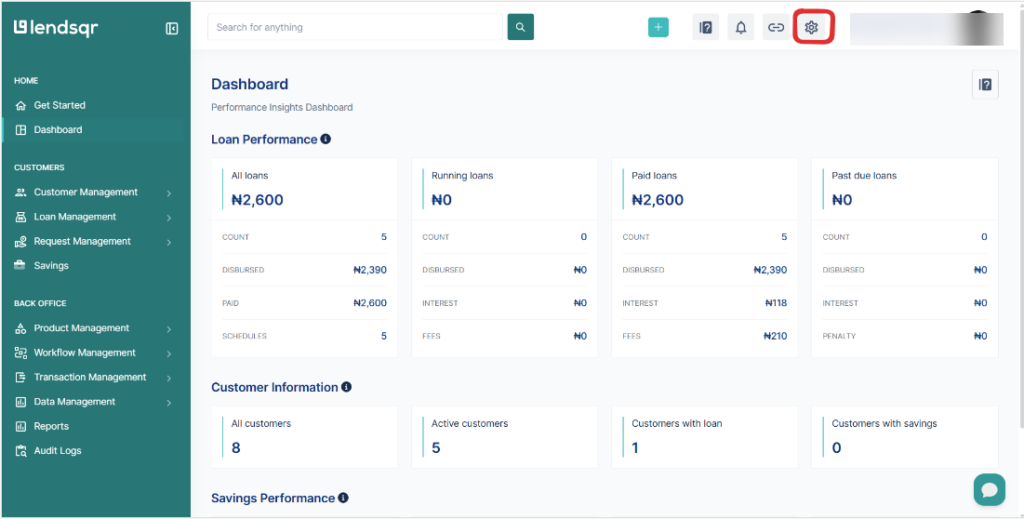 Lendsqr admin console top navigation bar with the settings icon highlighted at the top right