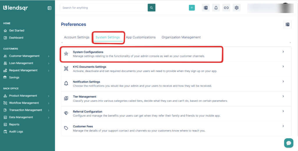 Lendsqr admin console Preferences page showing System configurations option in the dropdown menu