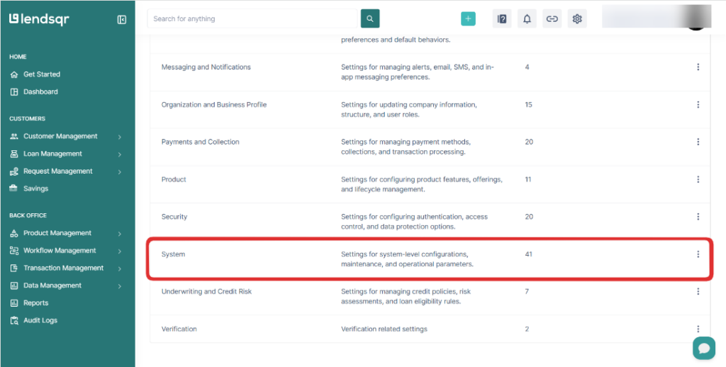 Lendsqr admin console showing the system configurations page with the System option selected and settings listed