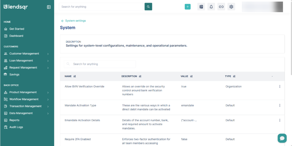 Lendsqr admin console showing the System settings page display
