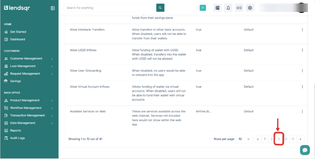 Lendsqr system settings page showing pagination at the bottom with page 3 selected'