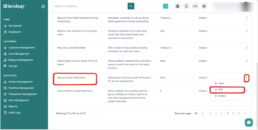 Lendsqr admin console system settings showing the Require Email Verification field with edit option